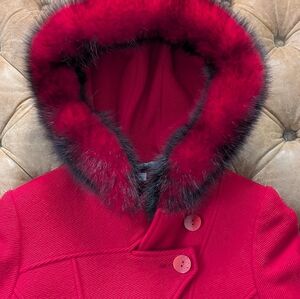 VTG Rene Faux Fur Deep Red Peacoat Women's Size 42, US Small Wool Blend